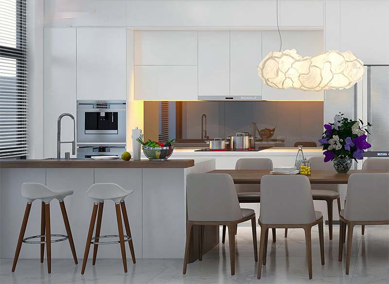 Phòng bếp gọn gàng với thiết kế đẹp và trang thiết bị hiện đại